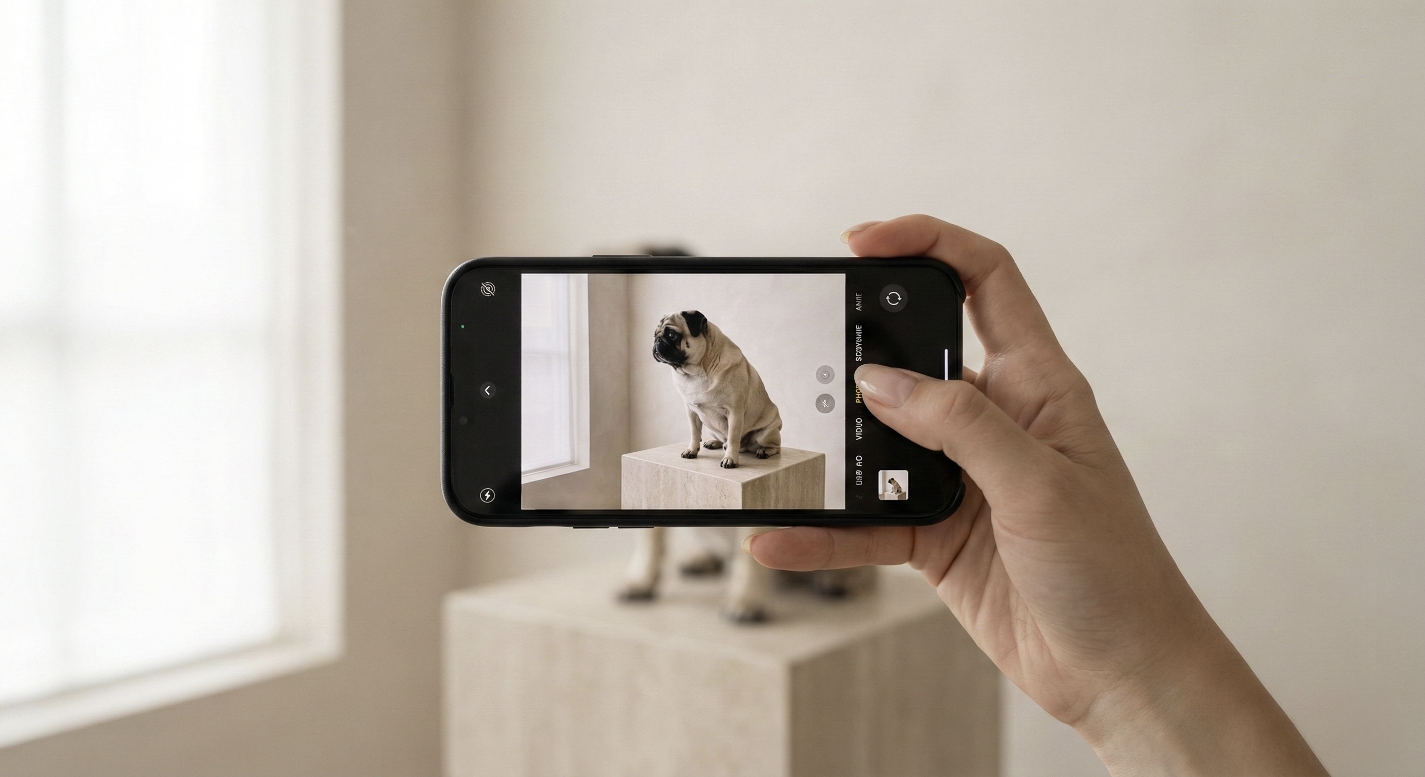 Phone capturing a dog photo for sizing