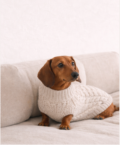 Dachshund wearing a white knit sweater